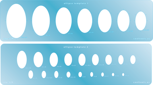 Blue plastic Jewelry Shape Template - Ellipse - Set of 2 2 ellipse shape templates. Ellipse template 1: 8 ellipse shapes. Sizes are from 18.5mm x 32mm to 33.5mm x 58mm. Ellipse template 2: 18 ellipse shapes. Sizes are from 3.5mm x 5mm to 16.5mm x 30mm Our special surface makes it easy to find these templates on your workbench, but allows clarity for positioning.