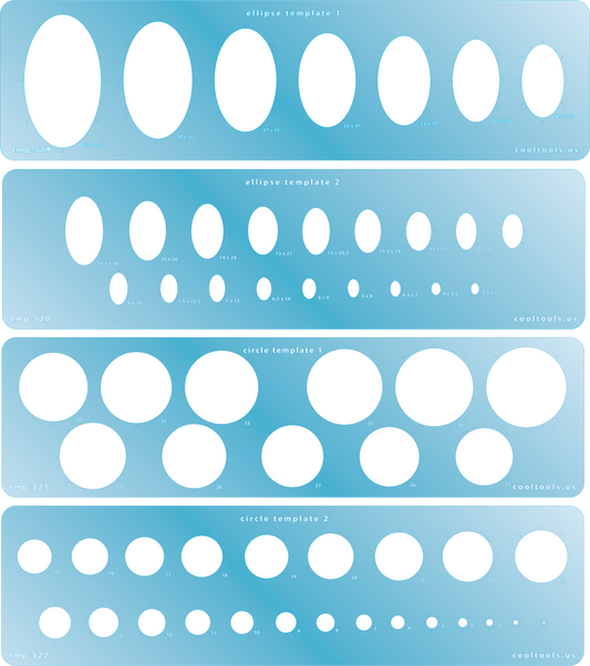 Blue plastic Jewelry Shape Template - Circle & Ellipse - Set of 4 2 circle templates and 2 ellipse templates. Circle Template 1: 11 shapes. Sizes are from 25mm to 35mm. Circle Template 2: Includes 23 shapes. Sizes are from 1mm to 23mm. Ellipse Template 1: Includes 8 shapes. Sizes are from 18.5mm x 32mm to 33.5mm x 58mm. Ellipse Template 2: Includes 18 shapes. Sizes are from 3.5mm x 5mm to 16.5mm x 30mm