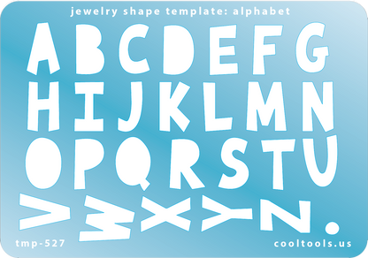 Blue plastic Jewelry Shape Template - Alphabet Our special surface makes it easy to find these templates on your workbench, but allows clarity for positioning. Use smaller shapes for embossing or enamel stencils. Includes 26 alphabetic characters. Sizes are from 7mm to 16mm.