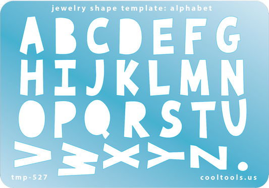 Blue plastic Jewelry Shape Template - Alphabet Our special surface makes it easy to find these templates on your workbench, but allows clarity for positioning. Use smaller shapes for embossing or enamel stencils. Includes 26 alphabetic characters. Sizes are from 7mm to 16mm.