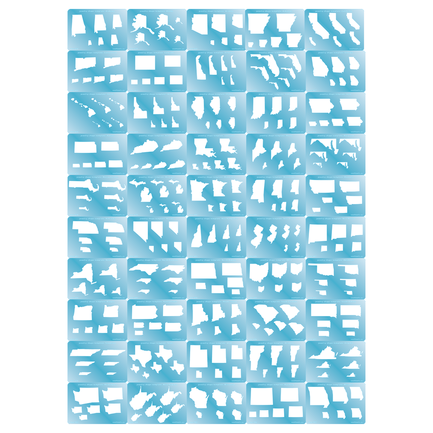 50 blue plastic Jewelry Shape Templates - 50 State Collection Set includes all 50 U.S. States. These templates are perfect for creating a personalized piece for individuals to represent their favorite state.  Our special surface makes it easy to find these templates on your workbench, but allows clarity for positioning.