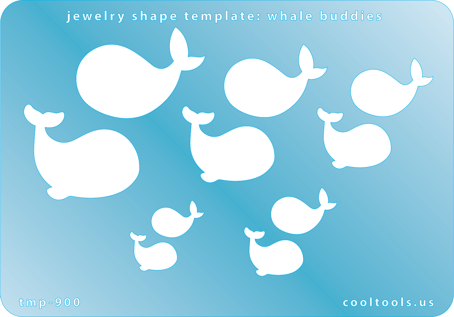 Blue plastic Jewelry Shape Template - Whale Buddies Includes 2 designs in 5 graduated sizes. Sizes are from 16mm to 38mm.  Our special surface makes it easy to find these templates on your workbench, but allows clarity for positioning.