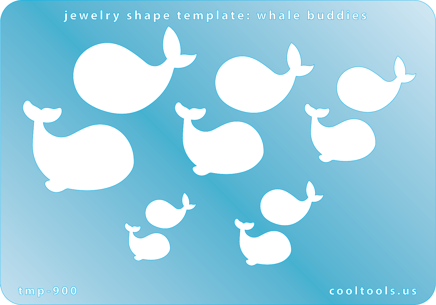 Blue plastic Jewelry Shape Template - Whale Buddies Includes 2 designs in 5 graduated sizes. Sizes are from 16mm to 38mm.  Our special surface makes it easy to find these templates on your workbench, but allows clarity for positioning.