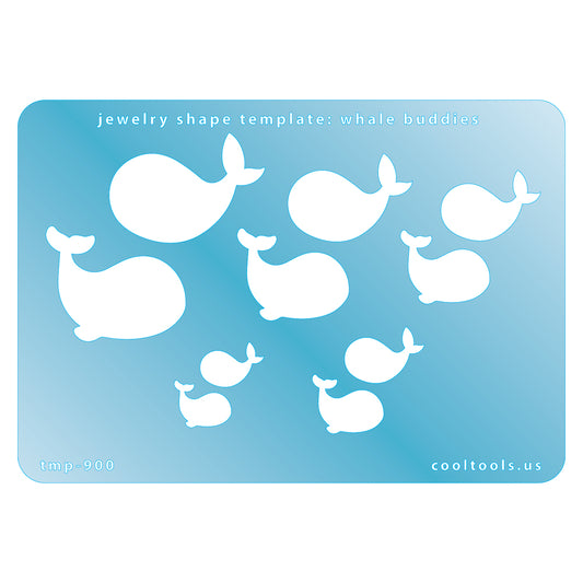 Blue plastic Jewelry Shape Template - Whale Buddies Includes 2 designs in 5 graduated sizes. Sizes are from 16mm to 38mm.  Our special surface makes it easy to find these templates on your workbench, but allows clarity for positioning.