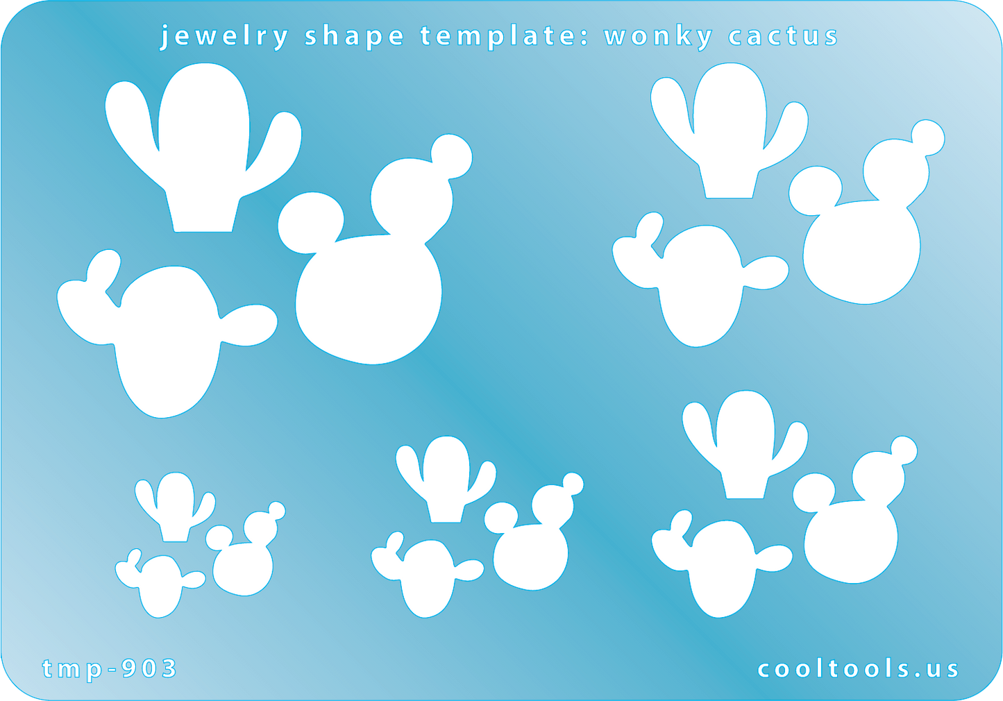 Blue plastic Jewelry Shape Template - Wonky Cactus Includes 3 designs in 5 graduated sizes. Sizes are from 14.7mm to 34mm.  Our special surface makes it easy to find these templates on your workbench, but allows clarity for positioning.