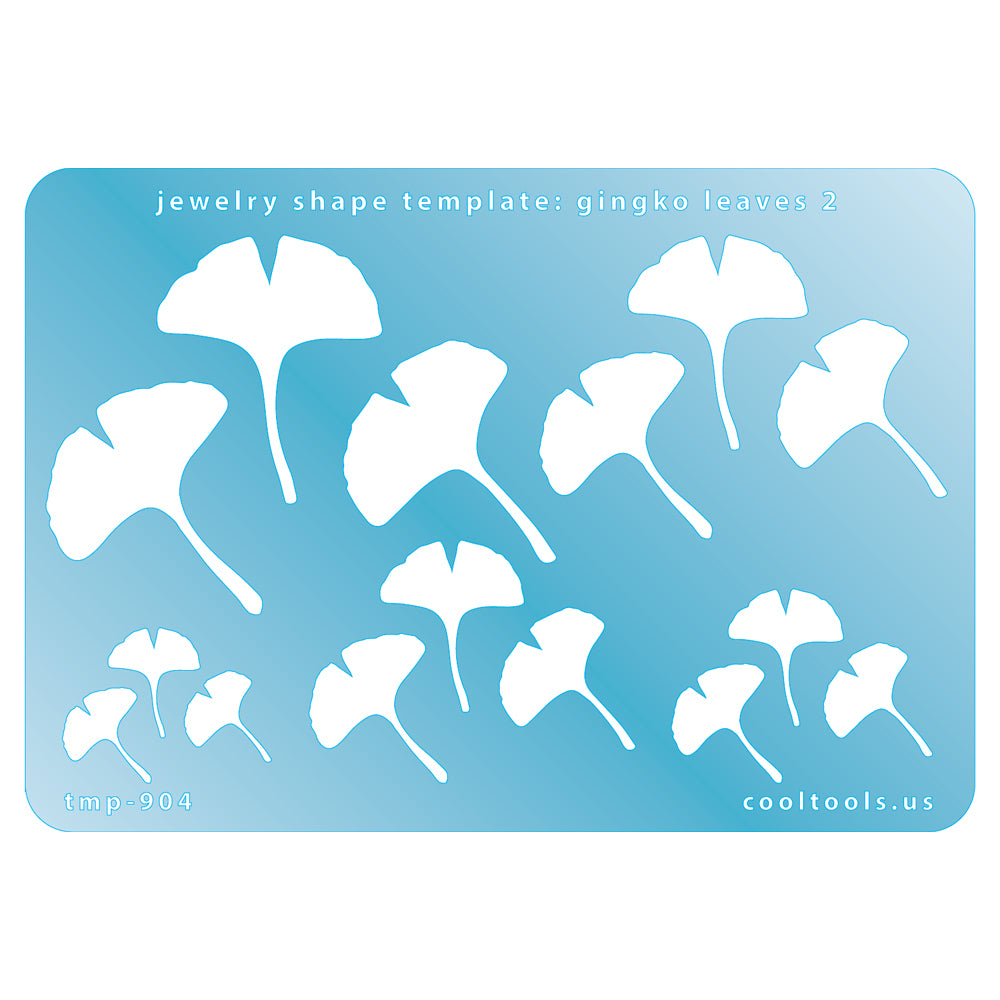 Blue plastic Jewelry Shape Template - Gingko Leaves 2 Includes 3 designs in 5 graduated sizes. Sizes are from 14.5mm to 40mm.  Our special surface makes it easy to find these templates on your workbench, but allows clarity for positioning.