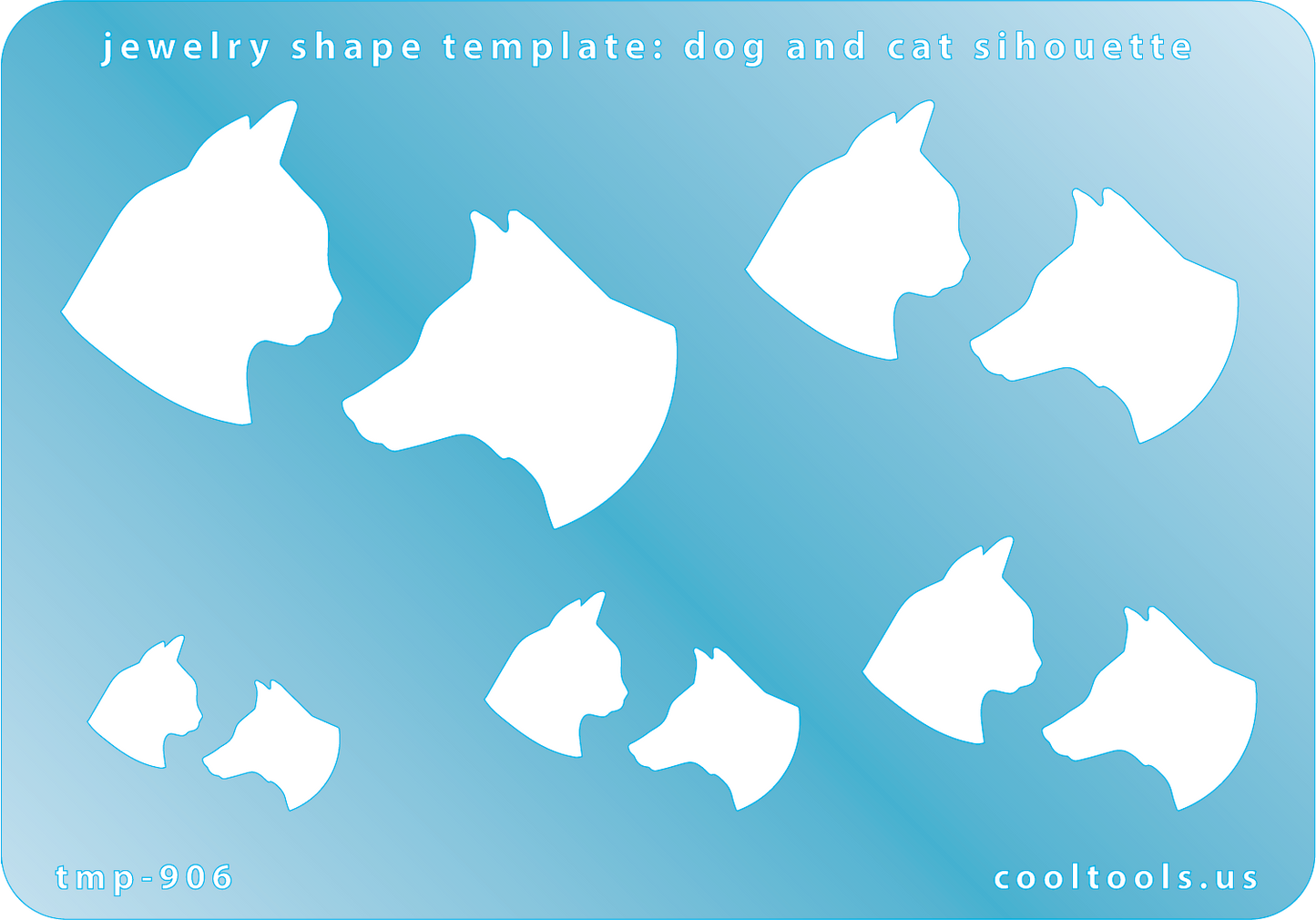 Blue plastic Jewelry Shape Template - Dog and Cat Silhouette Includes 2 designs in 5 graduated sizes. Sizes are from 13.5mm to 31mm.  Our special surface makes it easy to find these templates on your workbench, but allows clarity for positioning.