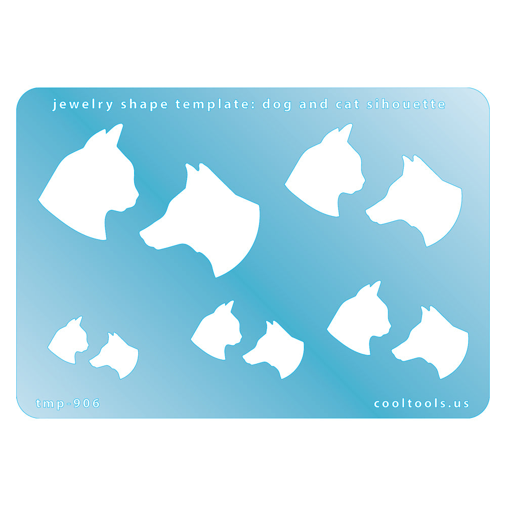 Blue plastic Jewelry Shape Template - Dog and Cat Silhouette Includes 2 designs in 5 graduated sizes. Sizes are from 13.5mm to 31mm.  Our special surface makes it easy to find these templates on your workbench, but allows clarity for positioning.