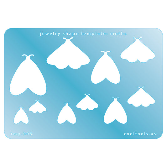 Blue plastic Jewelry Shape Template - Moths Includes 2 designs in 5 graduated sizes. Sizes are from 16mm to 35.5mm.  Our special surface makes it easy to find these templates on your workbench, but allows clarity for positioning.