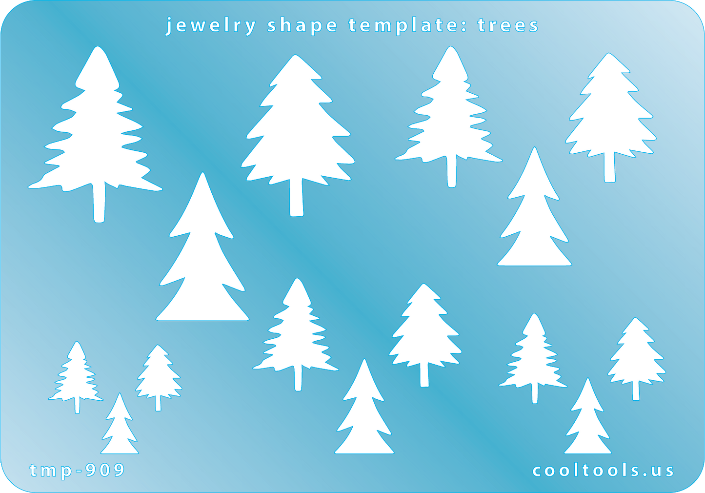 Blue plastic Jewelry Shape Template - Trees Includes 3 designs in 5 graduated sizes. Sizes are from 13mm to 31.5mm.  Our special surface makes it easy to find these templates on your workbench, but allows clarity for positioning.