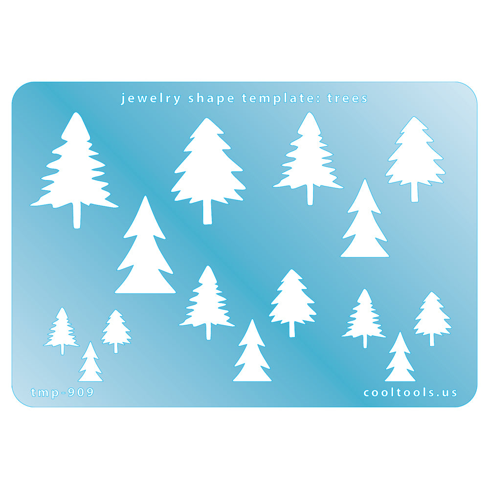 Blue plastic Jewelry Shape Template - Trees Includes 3 designs in 5 graduated sizes. Sizes are from 13mm to 31.5mm.  Our special surface makes it easy to find these templates on your workbench, but allows clarity for positioning.