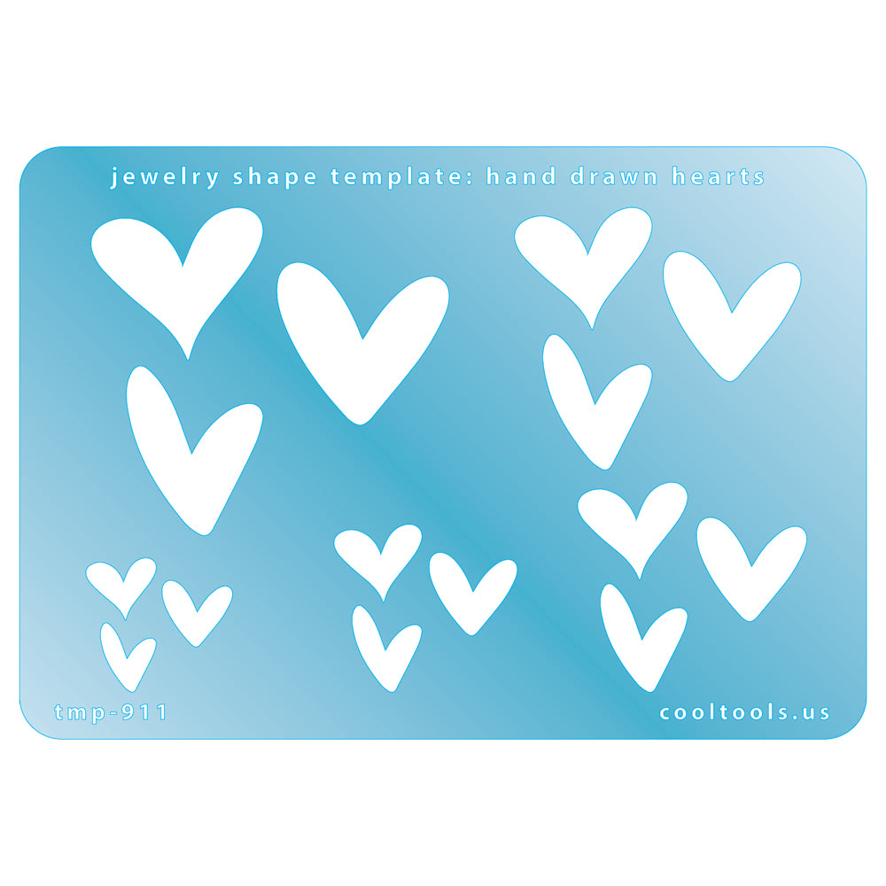 Blue plastic Jewelry Shape Template - Hand Drawn Hearts Includes 3 designs in 5 graduated sizes. Sizes are from 11mm to 38mm.  Our special surface makes it easy to find these templates on your workbench, but allows clarity for positioning.