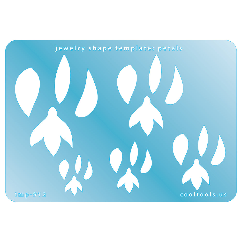 Blue plastic Jewelry Shape Template - Petals Includes 4 designs in 5 graduated sizes. Sizes are from 13mm to 30mm.  Our special surface makes it easy to find these templates on your workbench, but allows clarity for positioning.