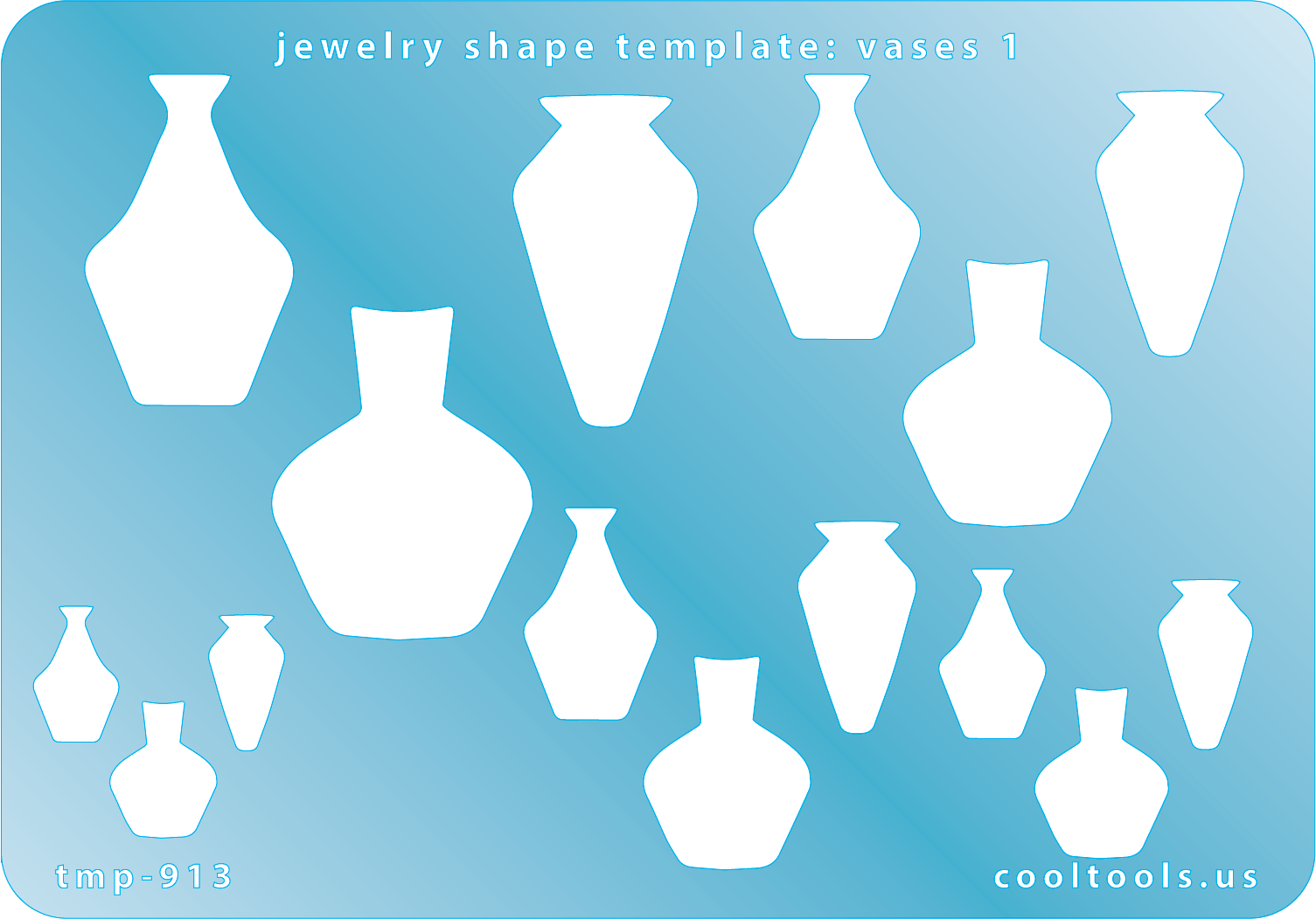 Blue plastic Jewelry Shape Template - Vases 1 Includes 3 designs in 5 graduated sizes. Sizes are from 14mm to 32.5mm.  Our special surface makes it easy to find these templates on your workbench, but allows clarity for positioning.