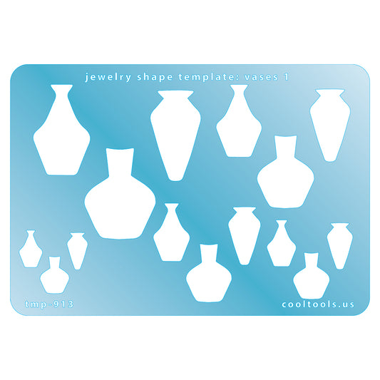 Blue plastic Jewelry Shape Template - Vases 1 Includes 3 designs in 5 graduated sizes. Sizes are from 14mm to 32.5mm.  Our special surface makes it easy to find these templates on your workbench, but allows clarity for positioning.