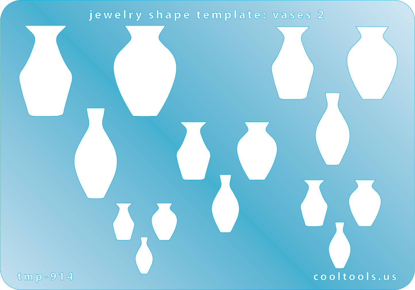 Blue plastic Jewelry Shape Template - Vases 2 Includes 3 designs in 5 graduated sizes. Sizes are from 11.5mm to 28.5mm.  Our special surface makes it easy to find these templates on your workbench, but allows clarity for positioning.