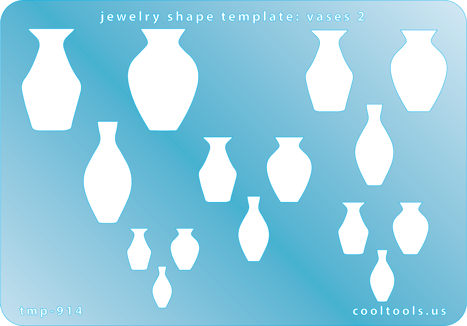 Blue plastic Jewelry Shape Template - Vases 2 Includes 3 designs in 5 graduated sizes. Sizes are from 11.5mm to 28.5mm.  Our special surface makes it easy to find these templates on your workbench, but allows clarity for positioning.