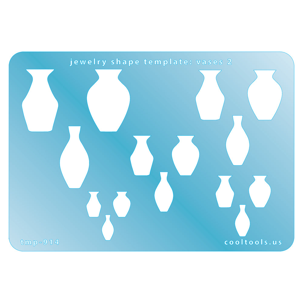 Blue plastic Jewelry Shape Template - Vases 2 Includes 3 designs in 5 graduated sizes. Sizes are from 11.5mm to 28.5mm.  Our special surface makes it easy to find these templates on your workbench, but allows clarity for positioning.