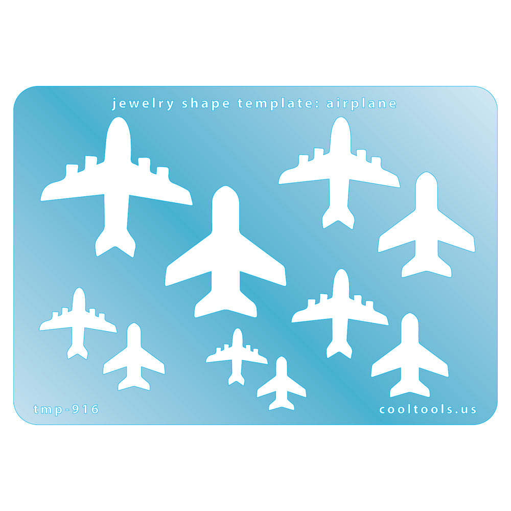 Blue plastic Jewelry Shape Template - Airplane Includes 2 designs in 5 graduated sizes. Sizes are from 15.5mm to 42mm.  Our special surface makes it easy to find these templates on your workbench, but allows clarity for positioning.