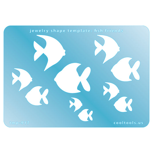 Blue plastic Jewelry Shape Template - Fish Friends Includes 2 designs in 5 graduated sizes. Sizes are from 12.5mm to 29mm.  Our special surface makes it easy to find these templates on your workbench, but allows clarity for positioning.