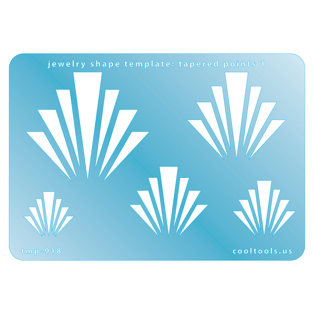 Blue plastic Jewelry Shape Template - Tapered Points 1 Includes 1 design in 5 graduated sizes. Sizes are from 19mm to 46.5mm.  Our special surface makes it easy to find these templates on your workbench, but allows clarity for positioning.