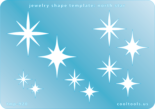 Blue plastic Jewelry Shape Template - North Star Includes 2 design in 5 graduated sizes. Sizes are from 16mm to 37.5mm.  Our special surface makes it easy to find these templates on your workbench, but allows clarity for positioning.