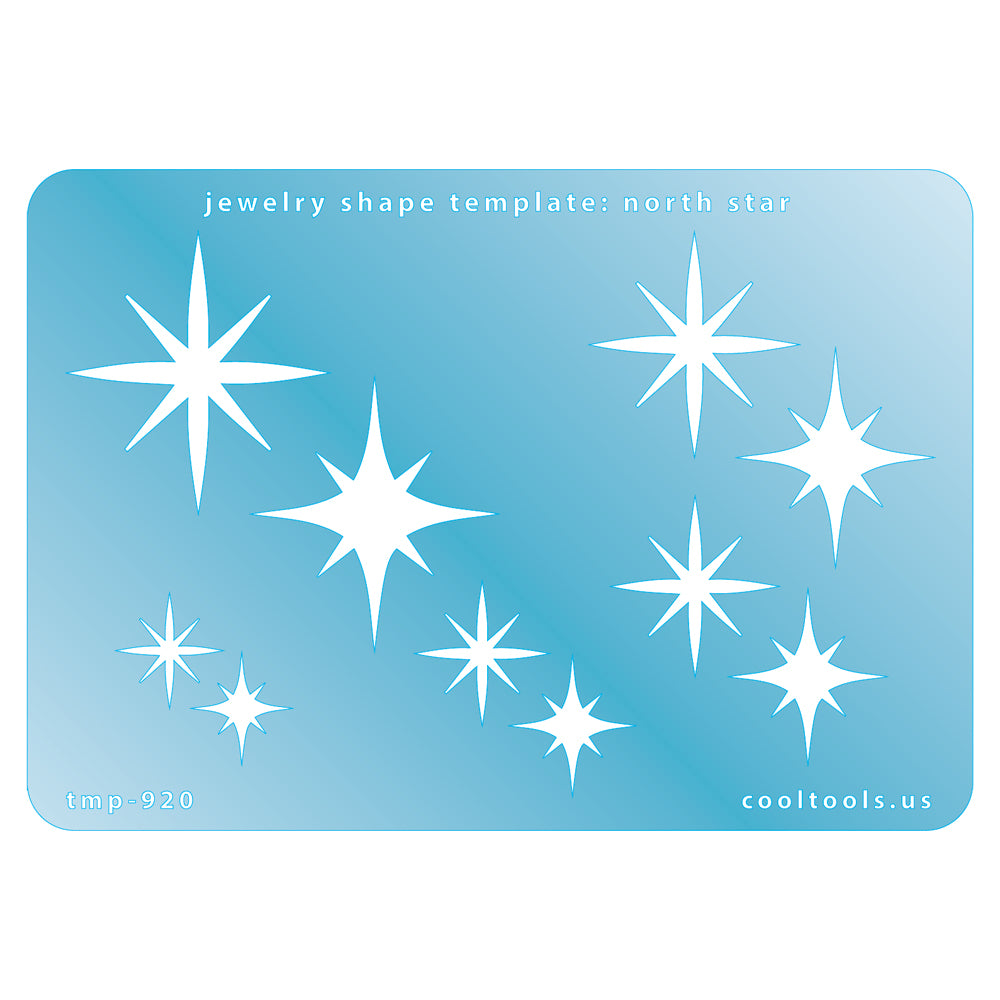 Blue plastic Jewelry Shape Template - North Star Includes 2 design in 5 graduated sizes. Sizes are from 16mm to 37.5mm.  Our special surface makes it easy to find these templates on your workbench, but allows clarity for positioning.