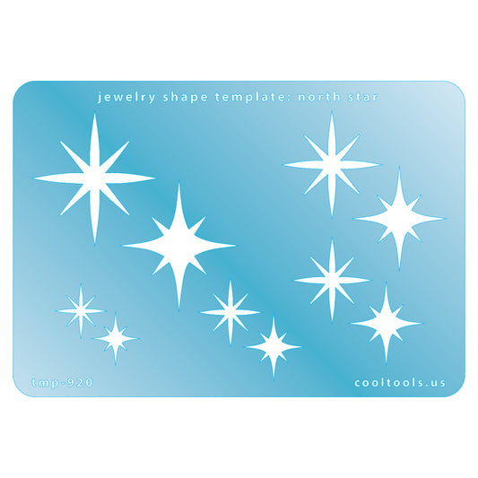 Blue plastic Jewelry Shape Template - North Star Includes 2 design in 5 graduated sizes. Sizes are from 16mm to 37.5mm.  Our special surface makes it easy to find these templates on your workbench, but allows clarity for positioning.