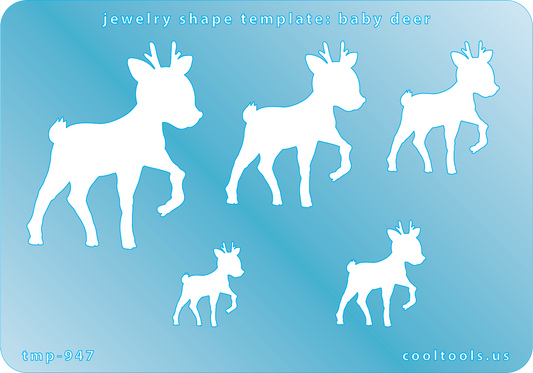 blue plastic Jewelry Shape Template - Baby Deer. 
Includes 1 design in 5 graduated sizes. Sizes are from 17mm to 40mm.

Our special surface makes it easy to find these templates on your workbench, but allows clarity for positioning.

Made in the USA