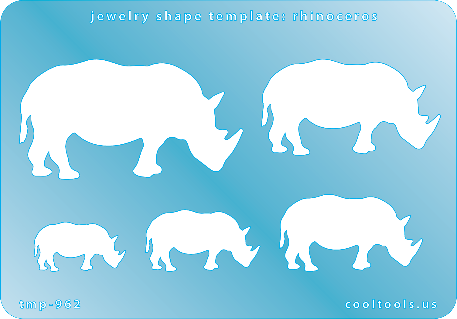 blue plastic Jewelry Shape Template - Rhinoceros


Includes 1 design in 5 graduated sizes. Sizes are from 25mm to 59mm.

Our special surface makes it easy to find these templates on your workbench, but allows clarity for positioning.