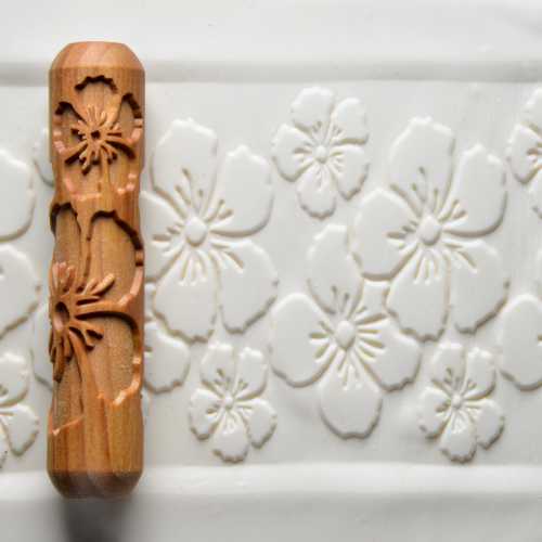 Large Wooden Hand Roller - Hibiscus Flowers rolled into clay