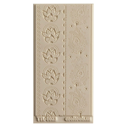 Texture Tile - Dancing Print Embossed. Beige Texture Tiles are flexible, washable and can be used with any soft clay. Spritz with CoolSlip or dust on Dry Powder Release for stick-free impressions when using metal clay and polymer clay.