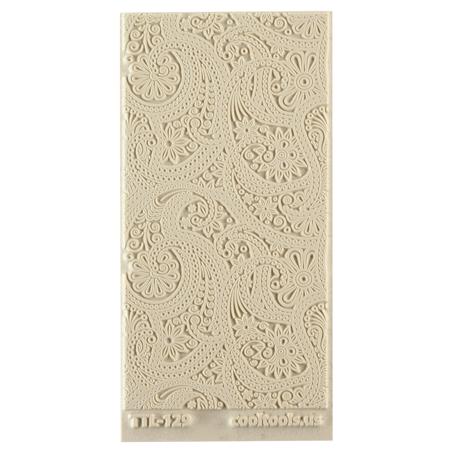 Texture Tile - Eastern Paisley. Beige Texture Tiles are flexible, washable and can be used with any soft clay. Spritz with CoolSlip or dust on Dry Powder Release for stick-free impressions when using metal clay and polymer clay.