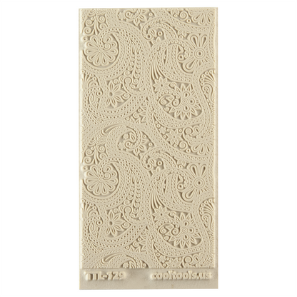 Texture Tile - Eastern Paisley. Beige Texture Tiles are flexible, washable and can be used with any soft clay. Spritz with CoolSlip or dust on Dry Powder Release for stick-free impressions when using metal clay and polymer clay.