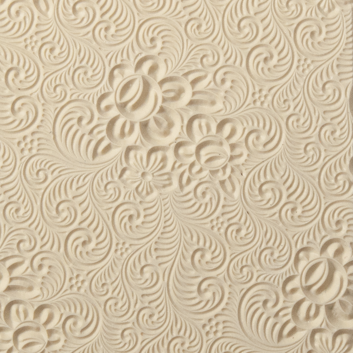 Texture Tile - Roses and Swirls. Beige Texture Tiles are flexible, washable and can be used with any soft clay. Spritz with CoolSlip or dust on Dry Powder Release for stick-free impressions when using metal clay and polymer clay.