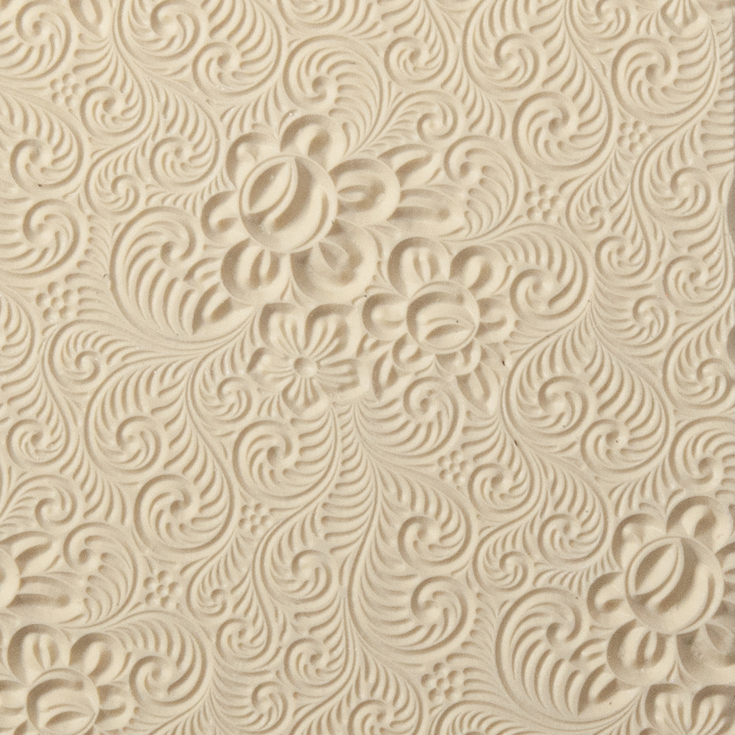 Texture Tile - Roses and Swirls. Beige Texture Tiles are flexible, washable and can be used with any soft clay. Spritz with CoolSlip or dust on Dry Powder Release for stick-free impressions when using metal clay and polymer clay.