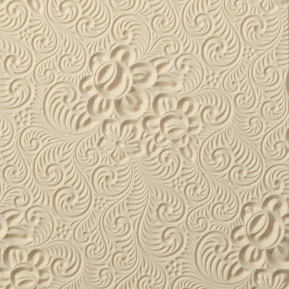 Texture Tile - Roses and Swirls. Beige Texture Tiles are flexible, washable and can be used with any soft clay. Spritz with CoolSlip or dust on Dry Powder Release for stick-free impressions when using metal clay and polymer clay.