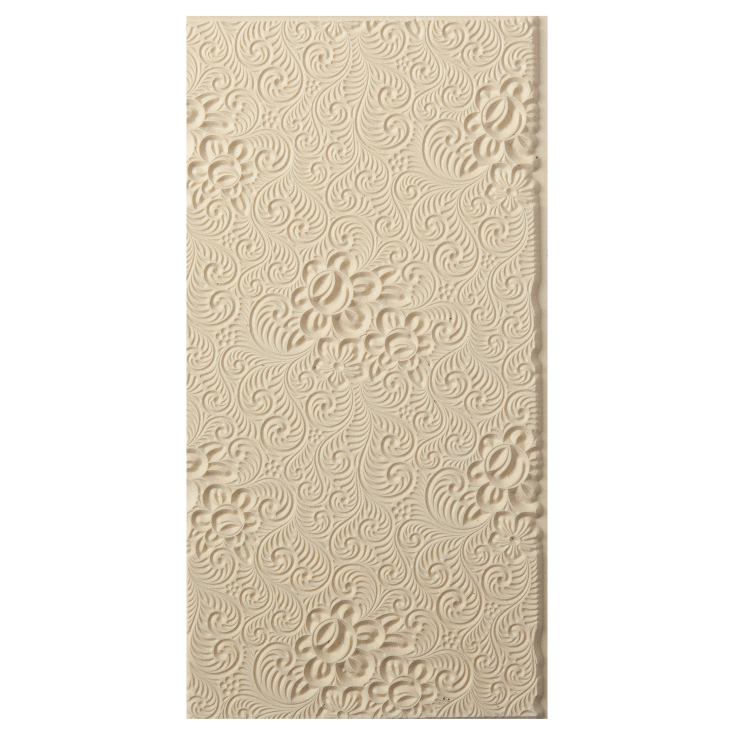 Texture Tile - Roses and Swirls. Beige Texture Tiles are flexible, washable and can be used with any soft clay. Spritz with CoolSlip or dust on Dry Powder Release for stick-free impressions when using metal clay and polymer clay.