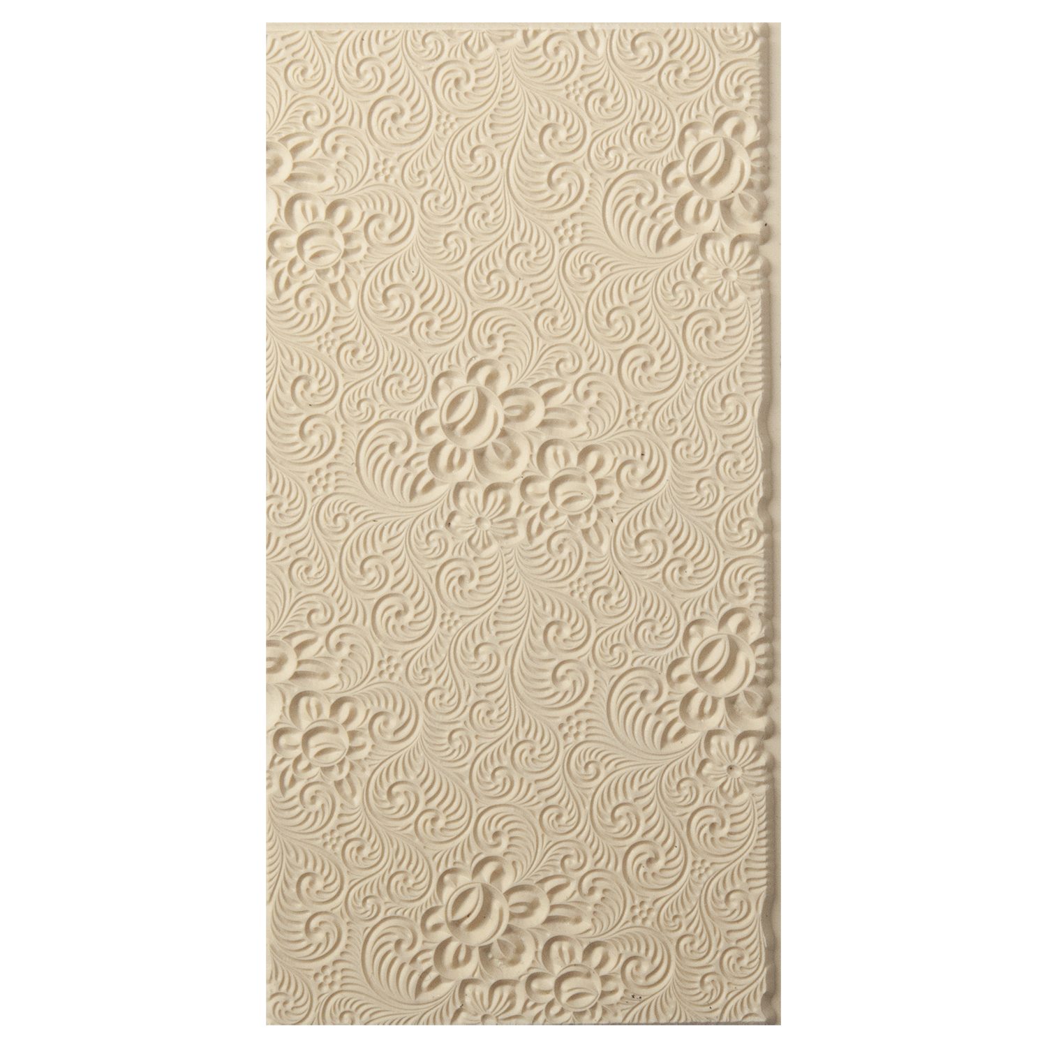 Texture Tile - Roses and Swirls. Beige Texture Tiles are flexible, washable and can be used with any soft clay. Spritz with CoolSlip or dust on Dry Powder Release for stick-free impressions when using metal clay and polymer clay.