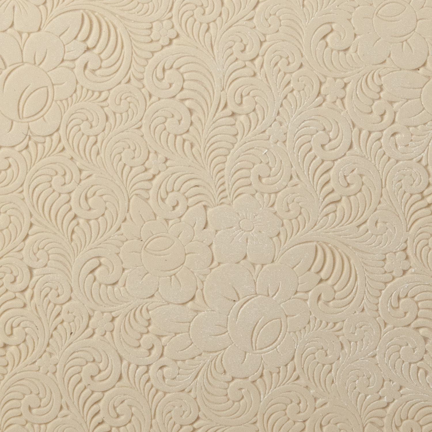 Texture Tile - Roses and Swirls Embossed. Beige Texture Tiles are flexible, washable and can be used with any soft clay. Spritz with CoolSlip or dust on Dry Powder Release for stick-free impressions when using metal clay and polymer clay.