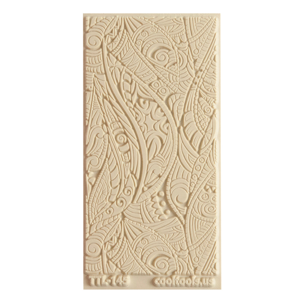 Texture Tile - Tribal Zen Multi-Tangle Embossed. Beige Texture Tiles are flexible, washable and can be used with any soft clay. Spritz with CoolSlip or dust on Dry Powder Release for stick-free impressions when using metal clay and polymer clay.