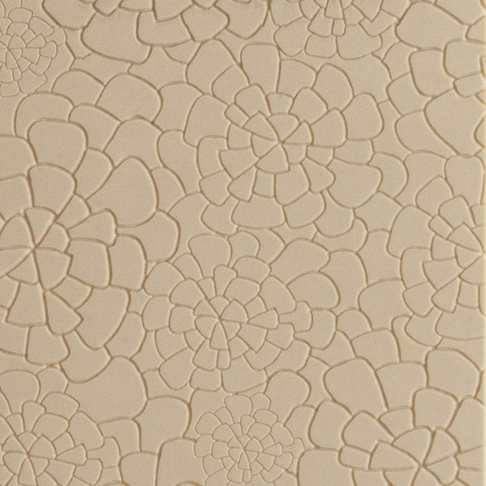 Texture Tile - Dahlias Fineline. Beige Texture Tiles are flexible, washable and can be used with any soft clay. Spritz with CoolSlip or dust on Dry Powder Release for stick-free impressions when using metal clay and polymer clay.