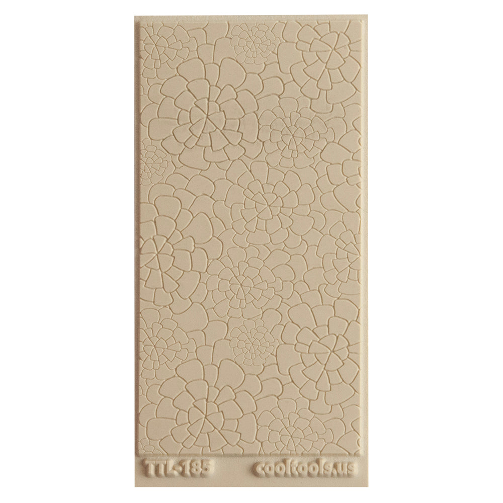 Texture Tile - Dahlias Fineline. Beige Texture Tiles are flexible, washable and can be used with any soft clay. Spritz with CoolSlip or dust on Dry Powder Release for stick-free impressions when using metal clay and polymer clay.