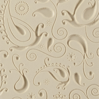 Texture Tile - Lazy Paisley Embossed. Beige Texture Tiles are flexible, washable and can be used with any soft clay. Spritz with CoolSlip or dust on Dry Powder Release for stick-free impressions when using metal clay and polymer clay.