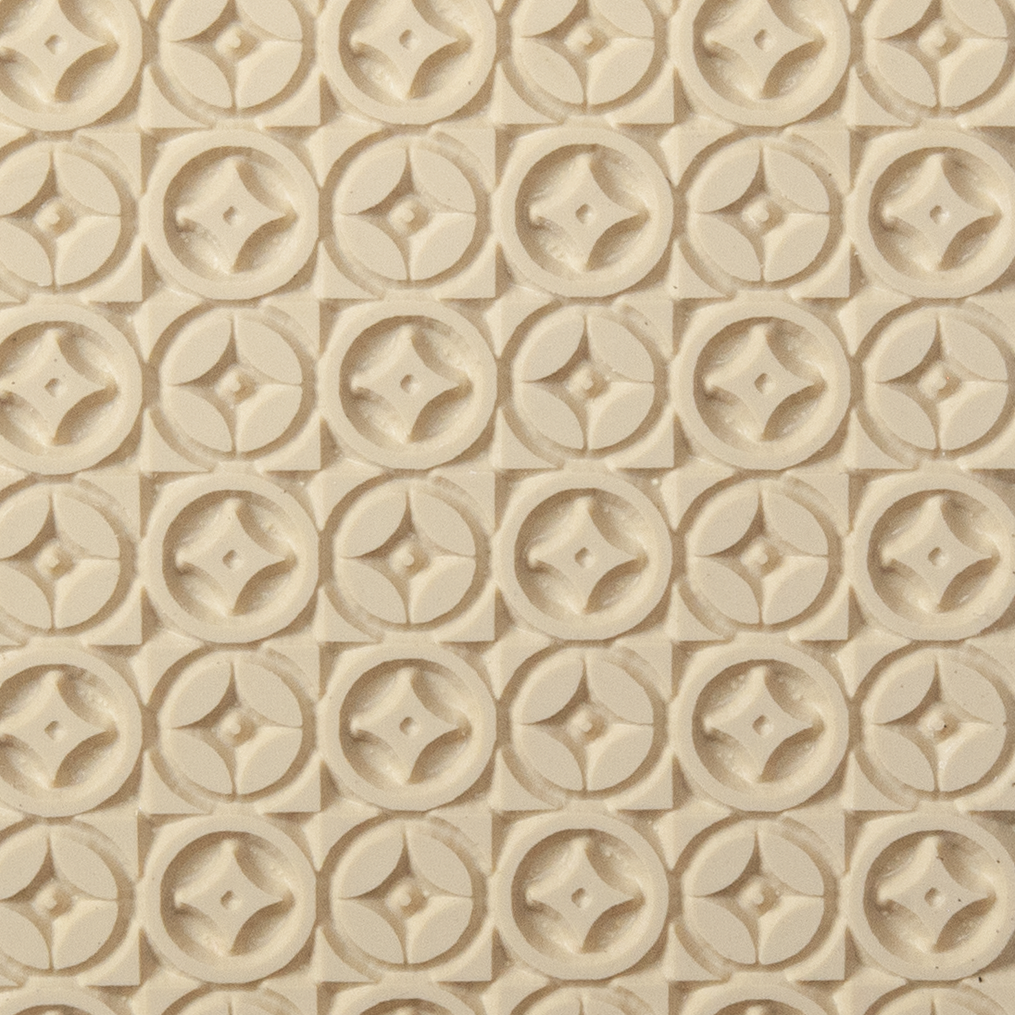 Texture Tile - Geo Pop. Beige Texture Tiles are flexible, washable and can be used with any soft clay. Spritz with CoolSlip or dust on Dry Powder Release for stick-free impressions when using metal clay and polymer clay.