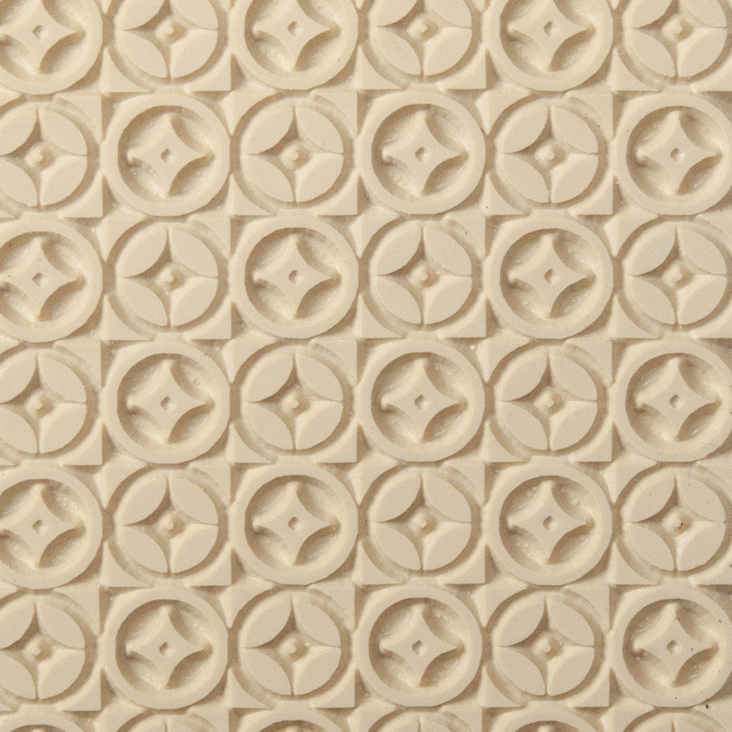 Texture Tile - Geo Pop. Beige Texture Tiles are flexible, washable and can be used with any soft clay. Spritz with CoolSlip or dust on Dry Powder Release for stick-free impressions when using metal clay and polymer clay.