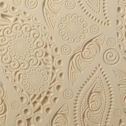 Texture Tile - Paisley Party Embossed. Beige Texture Tiles are flexible, washable and can be used with any soft clay. Spritz with CoolSlip or dust on Dry Powder Release for stick-free impressions when using metal clay and polymer clay.