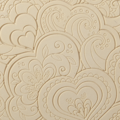 Texture Tile - Blooming Hearts Fineline. Beige Texture Tiles are flexible, washable and can be used with any soft clay. Spritz with CoolSlip or dust on Dry Powder Release for stick-free impressions when using metal clay and polymer clay.