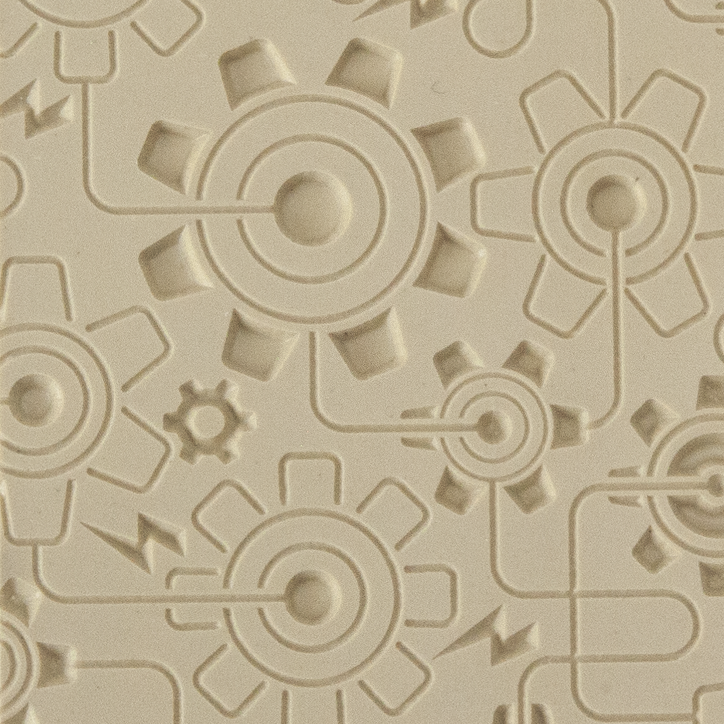 Texture Tile - Electric Gears Embossed. Beige Texture Tiles are flexible, washable and can be used with any soft clay. Spritz with CoolSlip or dust on Dry Powder Release for stick-free impressions when using metal clay and polymer clay.