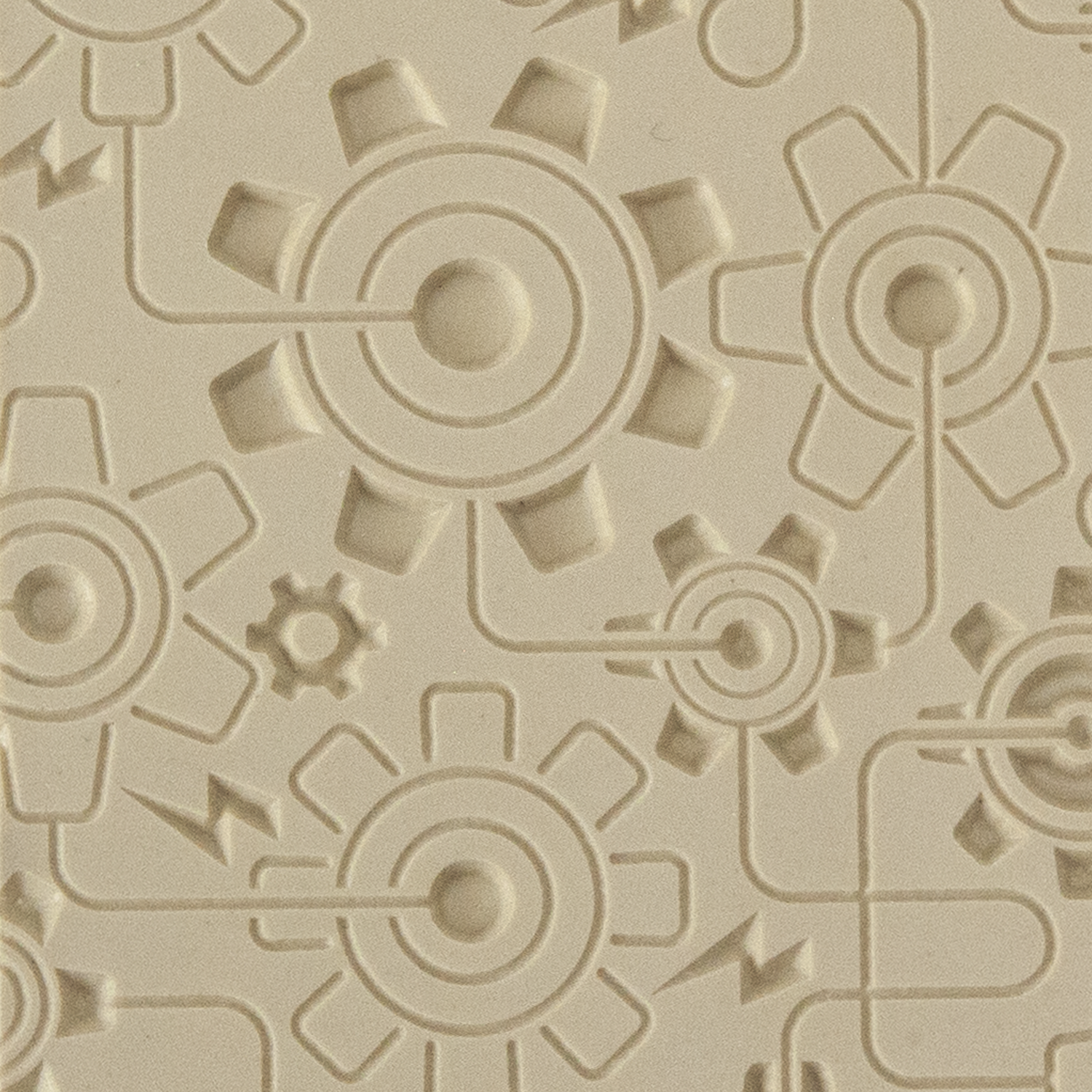 Texture Tile - Electric Gears Embossed. Beige Texture Tiles are flexible, washable and can be used with any soft clay. Spritz with CoolSlip or dust on Dry Powder Release for stick-free impressions when using metal clay and polymer clay.